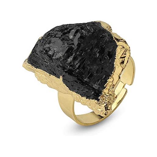 24 JOYAS anello regolabile in tormalina nera avvolto con uno strato dorato, bellissima unione di pietra naturale e irregolare, regalo romantico ed elegante da donna