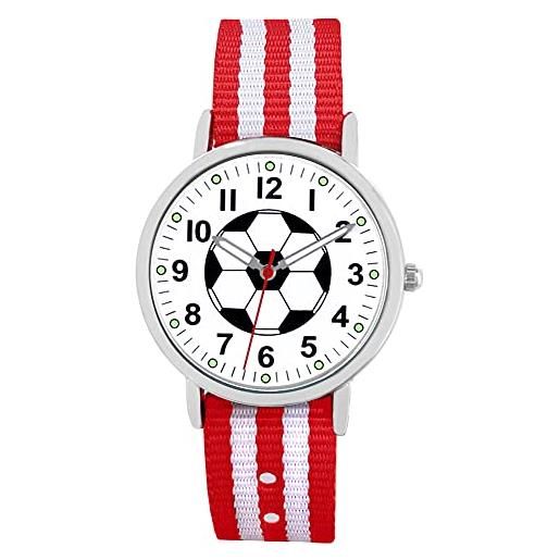 Pacific Time orologio da polso per bambini con lancette di calcio che si illuminano al buio, cinturino in tessuto rosso bianco analogico al quarzo 86921