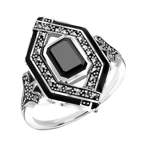Esse marcasite - anello art deco in argento sterling con spinello nero e smalto nero, pietra preziosa