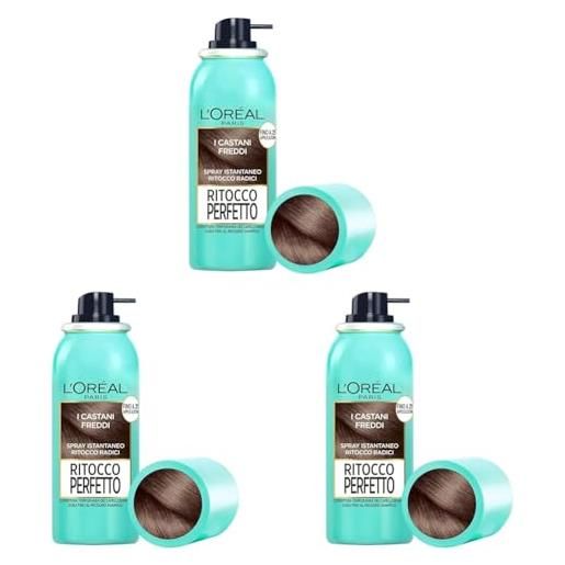 L'Oréal Paris spray ritocco perfetto, spray istantaneo per radici e capelli bianchi, durata fino a 1 shampoo, colore: castano freddo, 75 ml (confezione da 3)