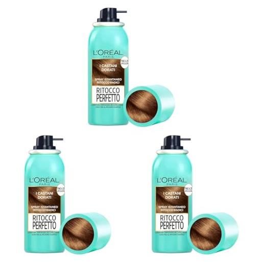 L'Oréal Paris spray ritocco perfetto, spray istantaneo per radici e capelli bianchi, durata fino a 1 shampoo, colore: castano dorato, 75 ml (confezione da 3)