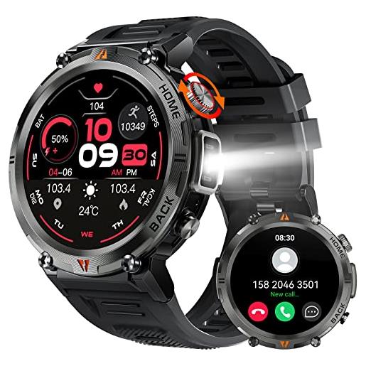 EIGIIS smartwatch uomo con chiamata e risposta 1,45 hd smart watch sportivo con torcia ledcardiofrequenzimetro sonno contapassi notifiche messaggi militare orologio fitness tracker per. Android ios