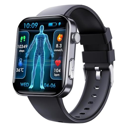 ABPWO smartwatch ecg, 2,10 pollici 280 x 320 smart watch impermeabile con pressione sanguigna, spo2, frequenza cardiaca, chiamate e risposta per android ios (color: silicone black)