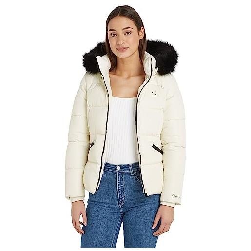 Calvin Klein Jeans giacca donna faux fur hooded fitted short giacca invernale, bianco (ivory), xs
