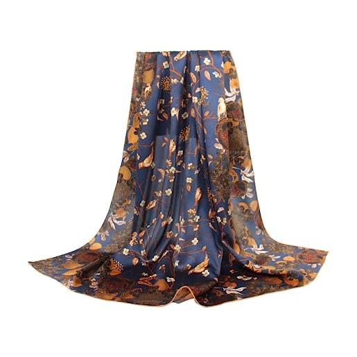 ANDANTINO sciarpa in 100% seta, 109,2 cm, grande, quadrata, leggera, foulard e scialle, da donna, in confezione regalo, fiori blu e uccelli, large