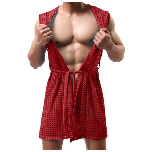 Duohropke camicia da notte corta da uomo, in rete, trasparente, sexy, sexy, senza maniche, con rete da pesca, colore: rosso, m