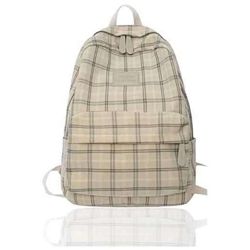 Yimengxing sage green backpack for school, light academia aesthetic plaid backpack preppy kawaii backpacks for teens girls (a, khaki)