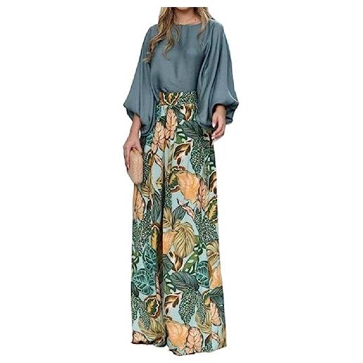 WUURAA pantaloni a gamba larga per le donne eleganti abiti stampati in 2 pezzi camicia a maniche lunghe camicetta a vita pantaloni lunghi loungewear, verde, xl