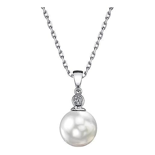 PERORNO ciondolo vera perla australiana 9-10 mm colore bianco e luccichio alto, 2 mm e oro bianco 18 k, 42 cm largo, oro bianco 18 k, diamante