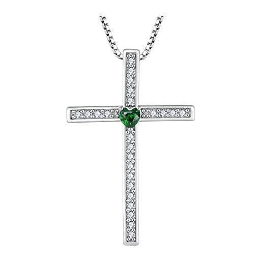 FJ collana croce donna argento 925 ciondolo con maggio pietra portafortuna smeraldo gioielli regalo per donna