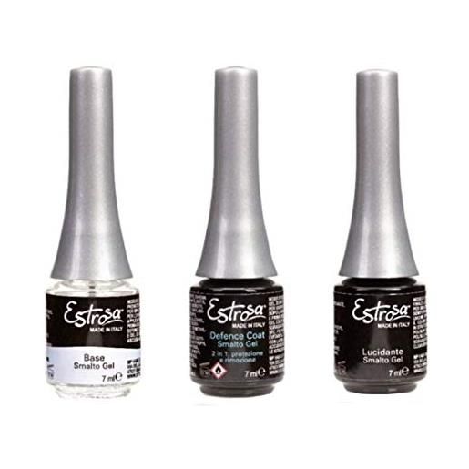 Estrosa kit gel polish semipermanente unghie 4pz base smalto gel 7ml - defence coat 7ml - lucidante 7ml + omaggio semipermanente 10 ml