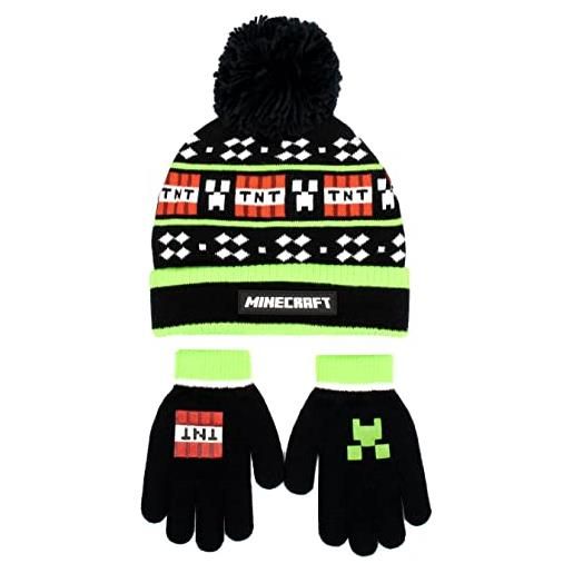 MINECRAFT - set cappello e guanti per bambini - cappello e guanti di lana neri - pixel design - taglia unica per 6-12 anni - merchandise ufficiale