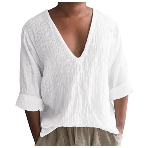 YCBMINGCAN camicia da uomo in cotone lino a maniche lunghe casual con scollo tondo magliette manica corta particolari