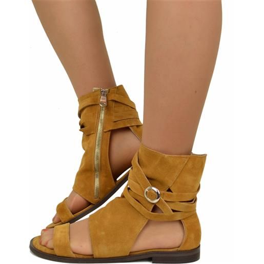 KikkiLine Calzature sandali a stivaletto donna camoscio cuoio in pelle con fibbia e zip