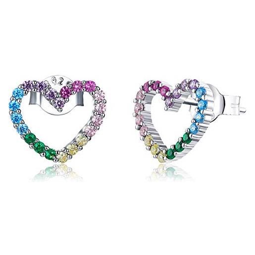 Qings orecchini a forma di cuore arcobaleno in argento sterling 925 con zirconia cubica colorata ipoallergenica per orecchie sensibili, regalo di compleanno per donne e ragazze, 