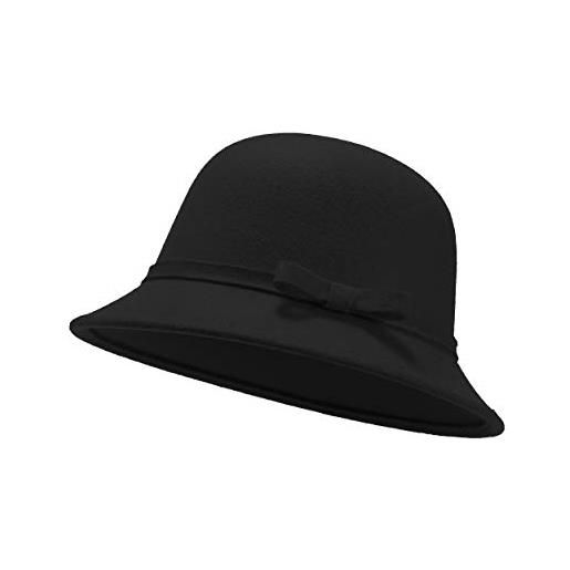 UltraKey cappello in feltro da donna, cappello a secchiello, cappello a bombetta vintage regolabile in lana scamosciata con fiocco nero