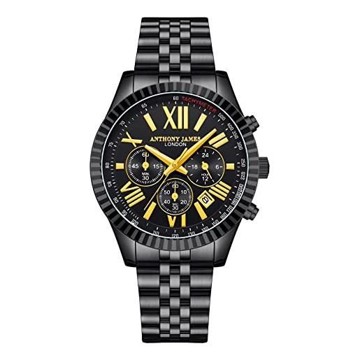 Anthony James crono - orologio da polso sportivo da uomo, cronografo assemblato a mano, resistente all'acqua e ai graffi, orologio analogico con minuti, ore e secondi, subquadranti, nero , bracciale