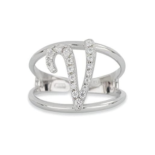 Artlinea, anello in argento 925 sterling, gioiello personalizzato con la lettera v corsiva, con pavé zirconi, retro aperto con misura regolabile 5-11, made in italy