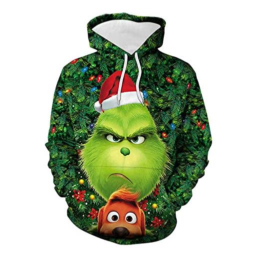 Kobilee felpa natale grinch uomo ugly christmas sweater con cappuccio maglioni natalizi verde invernale felpa grinch cotone taglie forti maglione grinch stampa 3d divertenti felpa natale hoodie