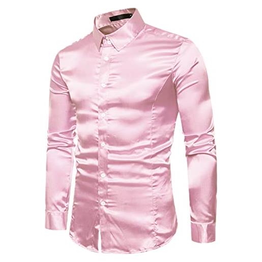 Disimlarl camicie da festa in raso di seta maschile slim fit tinta unita camicia da sposa lucida rosa s