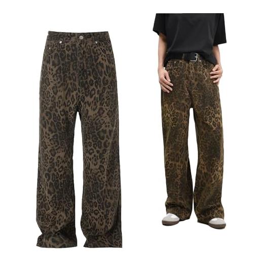 DUOPAI tan leopard jeans, oversize gamba larga pantaloni, jeans con leopardo marrone chiaro da donna e da uomo, pantaloni da donna con gamba larga oversize