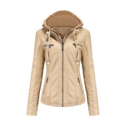 RQPYQF giacca corta da donna in pelle pu, giacca motociclista da donna con cappuccio elegante giubbino giacchetto corta casual per primavera e autunno wt41 (beige, l)