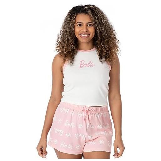 Barbie pigiama corto donna | gilet bianco con logo bambola da donna a costine con pantaloncini elasticizzati rosa abbigliamento pigiameria merchandising
