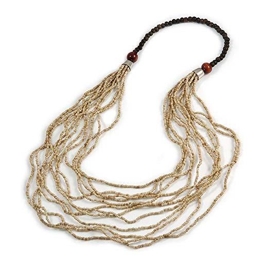 Avalaya collana multifilo con perle di vetro bianco anticato, perline di legno marrone, lunghezza 110 cm, misura unica, vetro legno