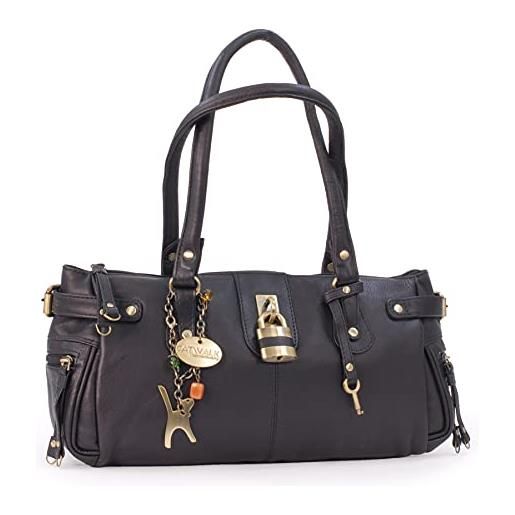 Catwalk Collection Handbags - vera pelle - borsa a spalla con lucchetto/borse a mano - con ciondolo a forma di gatto - chancery - nero