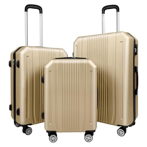 GUSKASA set di valigie rigide da 3 pezzi, oro, da 20 pollici, valigie medie da 24 pollici, valigie grandi da 28 pollici, valigie con ruote girevoli a 360 gradi, maniglia retrattile, bagaglio a mano