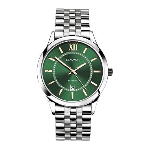 Sekonda orologio al quarzo classico da uomo, 40 mm, verde, con display analogico della data e cinturino in acciaio inossidabile argentato 30140, bracciale