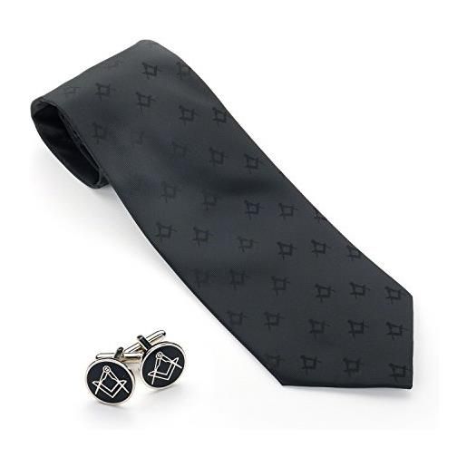 THE MASONIC COLLECTION - cravatta massonica nera e gemelli - 100% poliestere tessuto artigianale con disegno sq & compass, misura unica, pelle scamosciata