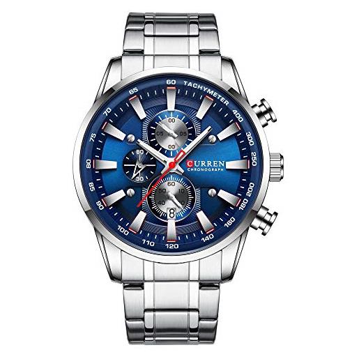Curren 8351 - orologio da uomo con fuso orario multiplo, con datario, cassa blu, in acciaio inox, argento