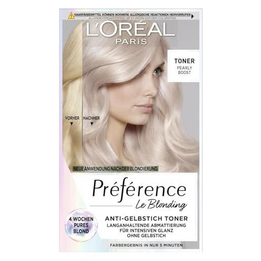 L'Oréal Paris ondulatore per capelli anti-giallo per biondo freddo e lucentezza intensa, senza ammoniaca, préférence le blonding, pearly boost
