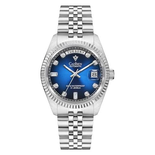 CADISEN orologio automatico da uomo con riserva di carica automatica vetro zaffiro impermeabile 38mm calendario dei giorni della settimana, 8229 blu