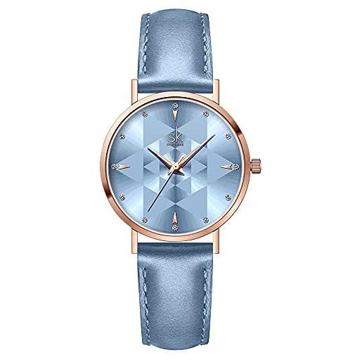 SHENGKE orologio stellato orologio analogico classico quarzo da donna con cinturino in acciaio inox(starry-genuine leather-blue)