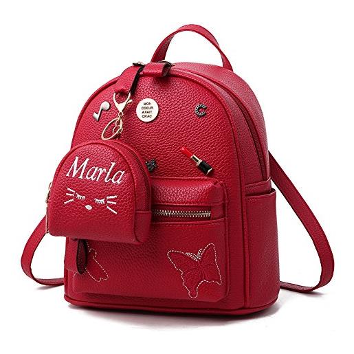 Flada ragazze zaino pu in pelle borse scuola zainetto carino bookbag borsa con piccolo gatto portafoglio vino rosso