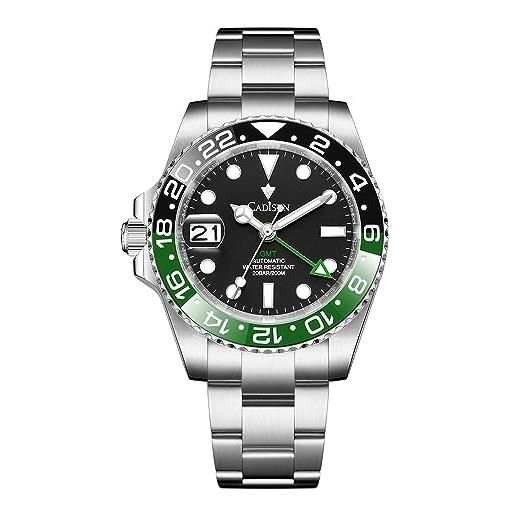 CADISEN orologio automatico da uomo con riserva di carica gmt in acciaio inox vetro zaffiro impermeabile orologio da polso orologi uomo, 8217 verde nero