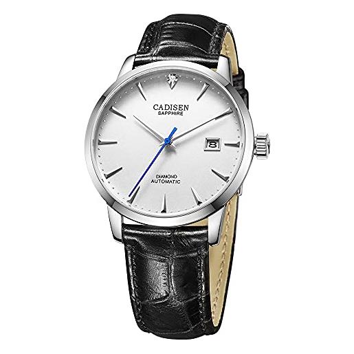 Cadisen miyota 9015 - orologio da polso automatico da uomo in vetro zaffiro, impermeabile, cintura in pelle bianca, 40mm