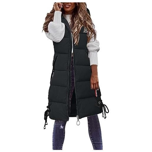 MILONT gilet da donna lungo imbottito con cappuccio senza maniche con tasche con zip, nero , 4xl
