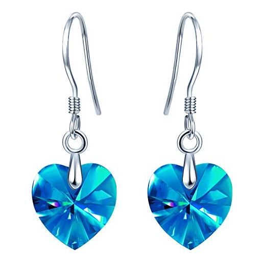 MicLee orecchini da donna in argento sterling 925 con cristalli colorati, orecchini pendenti a forma di cuore, eleganti e semplici, regalo per compleanno, colore: blu, cod. Ium0090-blue