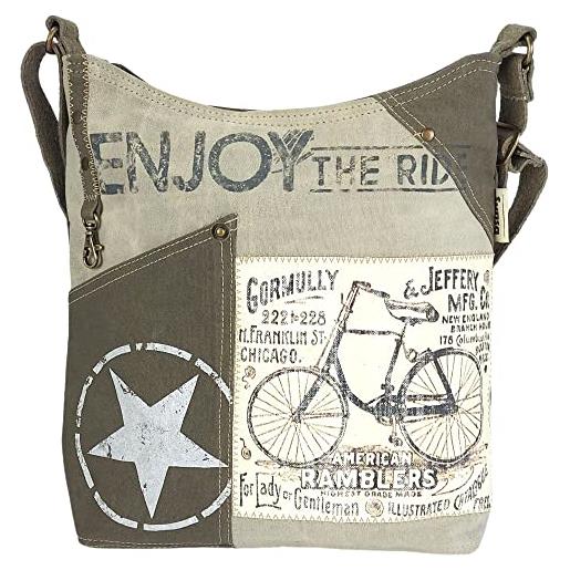 Sunsa borsa a tracolla da donna hobo borsa in tela/tela e cuoio, grande stile vintage, borsa a tracolla con motivi di bicicletta per gli amanti della bicicletta. Borsa sostenibile come idea regalo, 