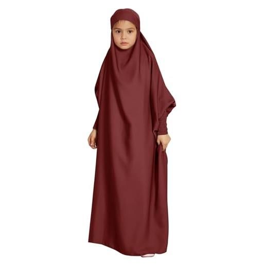 SZFRYEU abbigliamento preghiera per bambini, ragazze abiti musulmani, maniche lunghe abaya con hijab, islam abbigliamento donne, vestito musulmano donna, abito da preghiera ramadan, 02-vino, 11-12