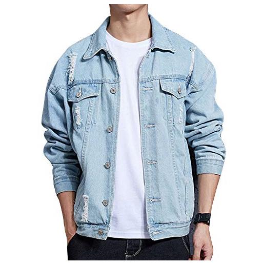 Guiran uomo vintage giacca di jeans, giubbotto manica lunga cappotto oversize azzurroj06 l