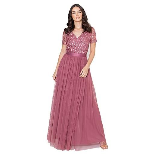 Maya Deluxe maxi dress for women ladies bridesmaid v-neck plus size ball gown short sleeves long elegant empire waist vestito per damigella d'onore, desert rose, 48 donna