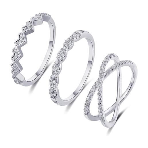 FUNEIA set di 3 anelli in argento da donna e donna, impilabili, in oro bianco 18 carati, anelli di fidanzamento, anelli di fidanzamento, anelli di fidanzamento, anelli bianchi con zirconi, misura