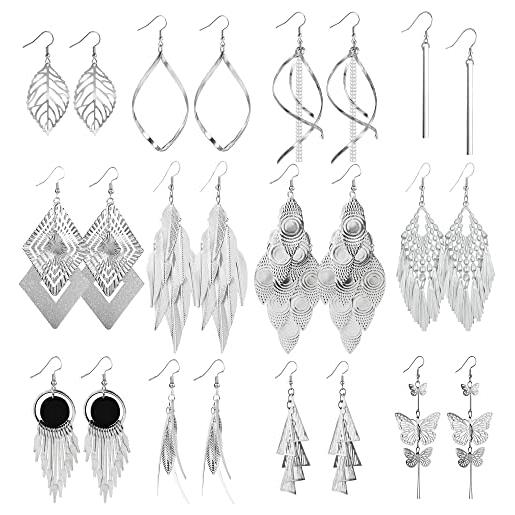 ASH'S CHOICE 12 paia di orecchini a goccia d'argento per le donne, set di orecchini boho, orecchini a foglia lunga grande che scava la foglia tassel feather prism orecchini boho ipoallergenici orecchini