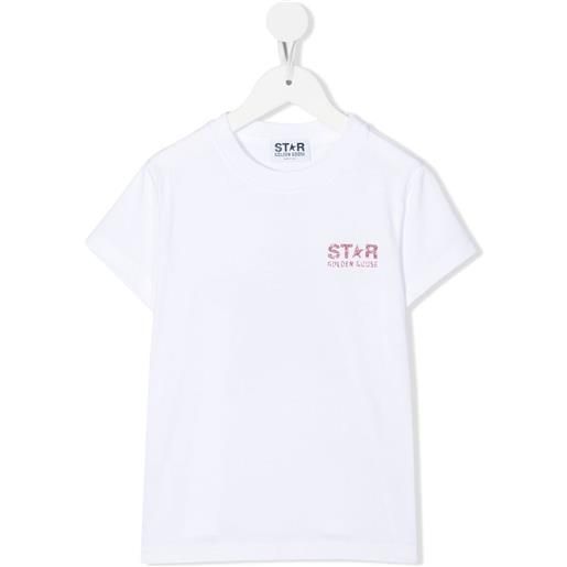 GOLDEN GOOSE KIDS t-shirt bianca con logo e maxi stella in glitter rosa