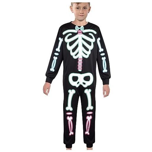 A2Z 4 Kids ragazzi scheletro stampato halloween tutina costume con polsini a costine - skeleton onesie 933 black. _12-14