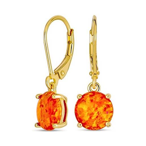 Bling Jewelry orecchini pendenti a leva con solitario rotondo semplice in opale messicano creato arancione placcati in oro 14k su argento sterling. 925